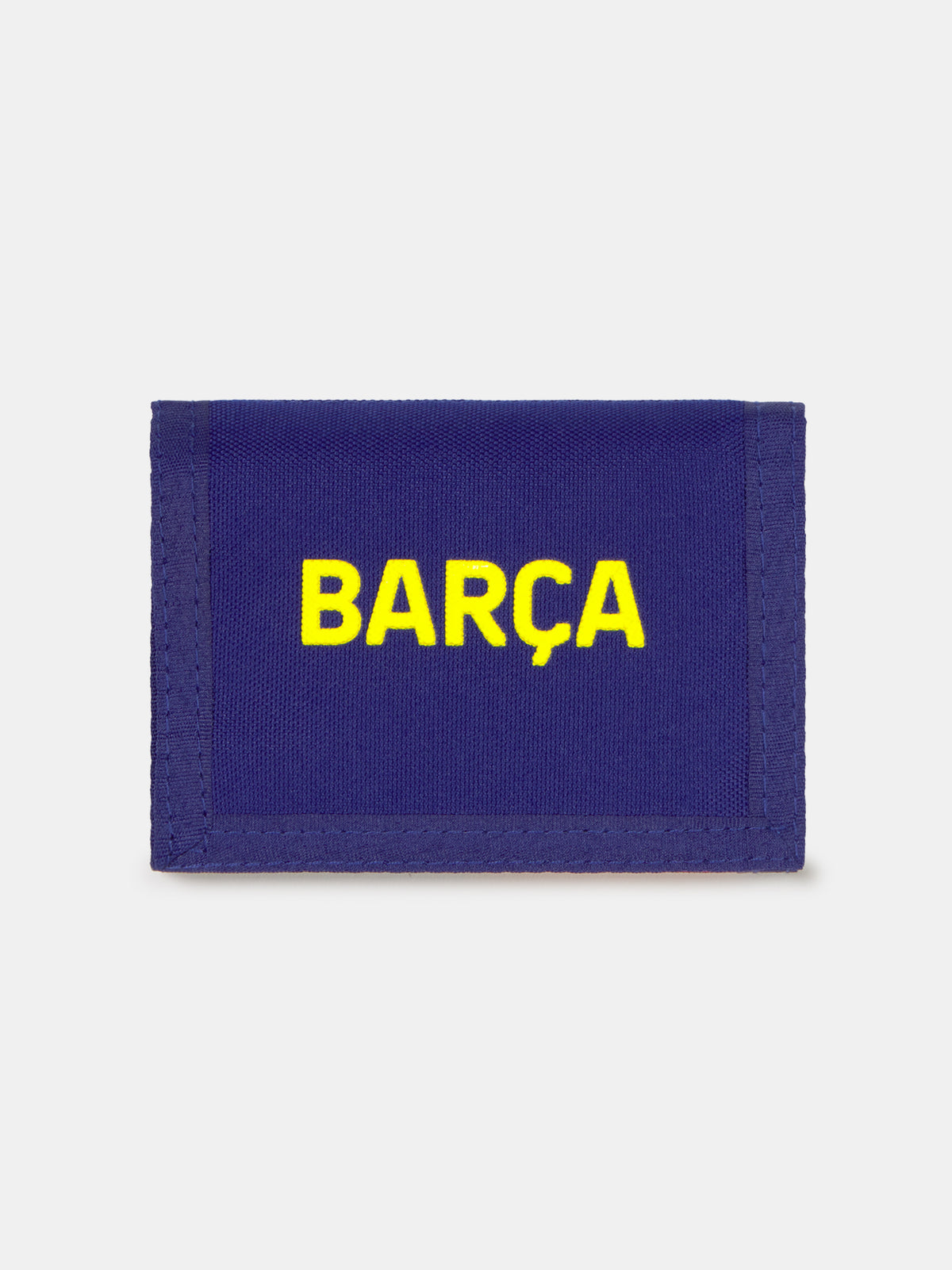 Blue fabric wallet with yellow 'Barça' text, displayed in FC Barcelona branded packaging