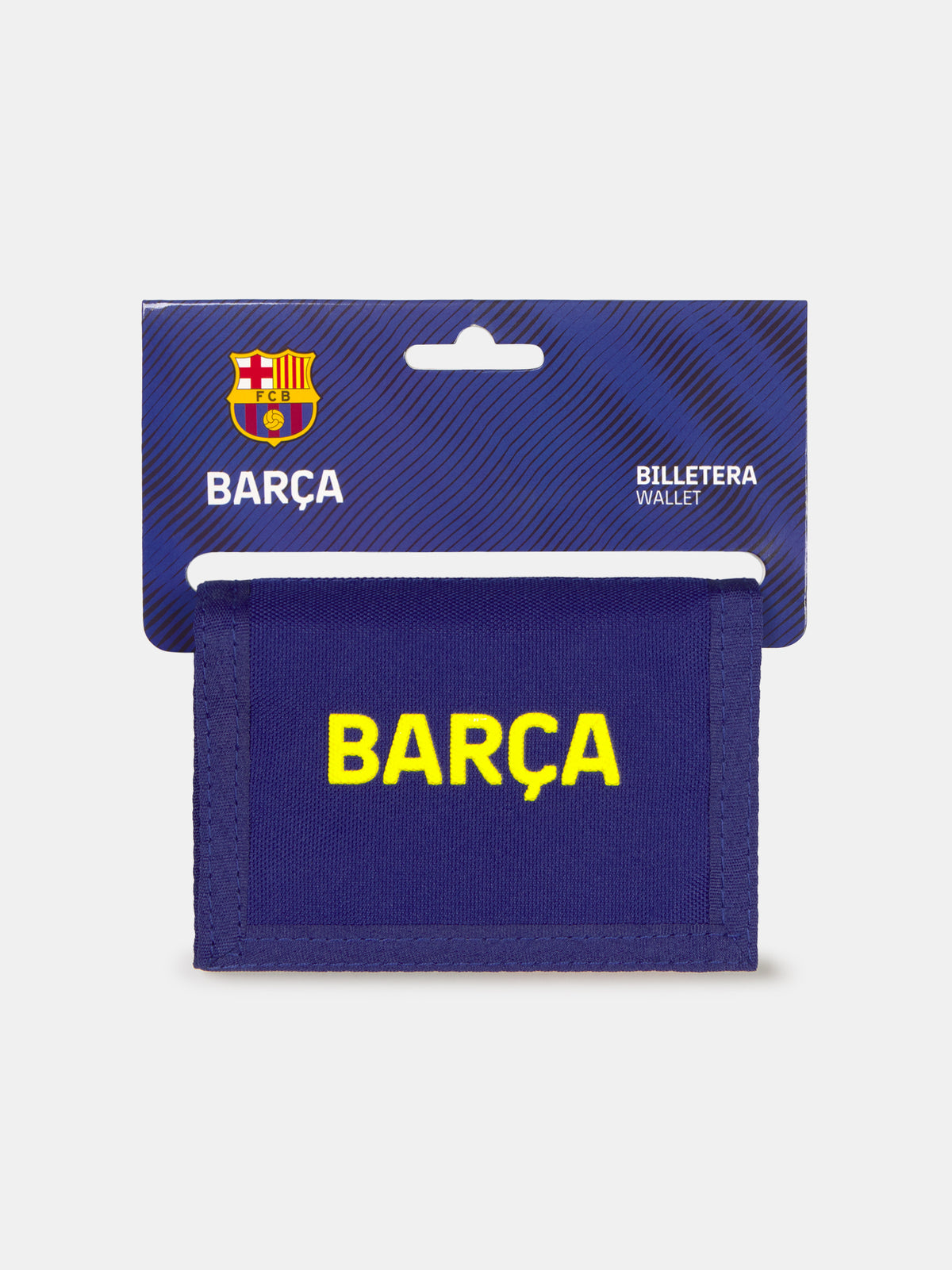 Blue fabric wallet with yellow 'Barça' text, displayed in FC Barcelona branded packaging