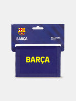 Blue fabric wallet with yellow 'Barça' text, displayed in FC Barcelona branded packaging