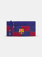 Red and blue pencil case with FC Barcelona crest and branded zipper pulls.