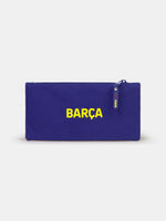 Red and blue pencil case with FC Barcelona crest and branded zipper pulls.