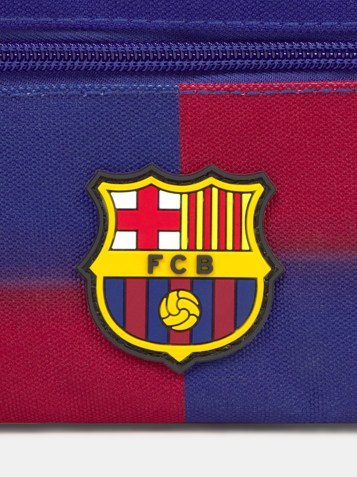 Red and blue pencil case with FC Barcelona crest and branded zipper pulls.