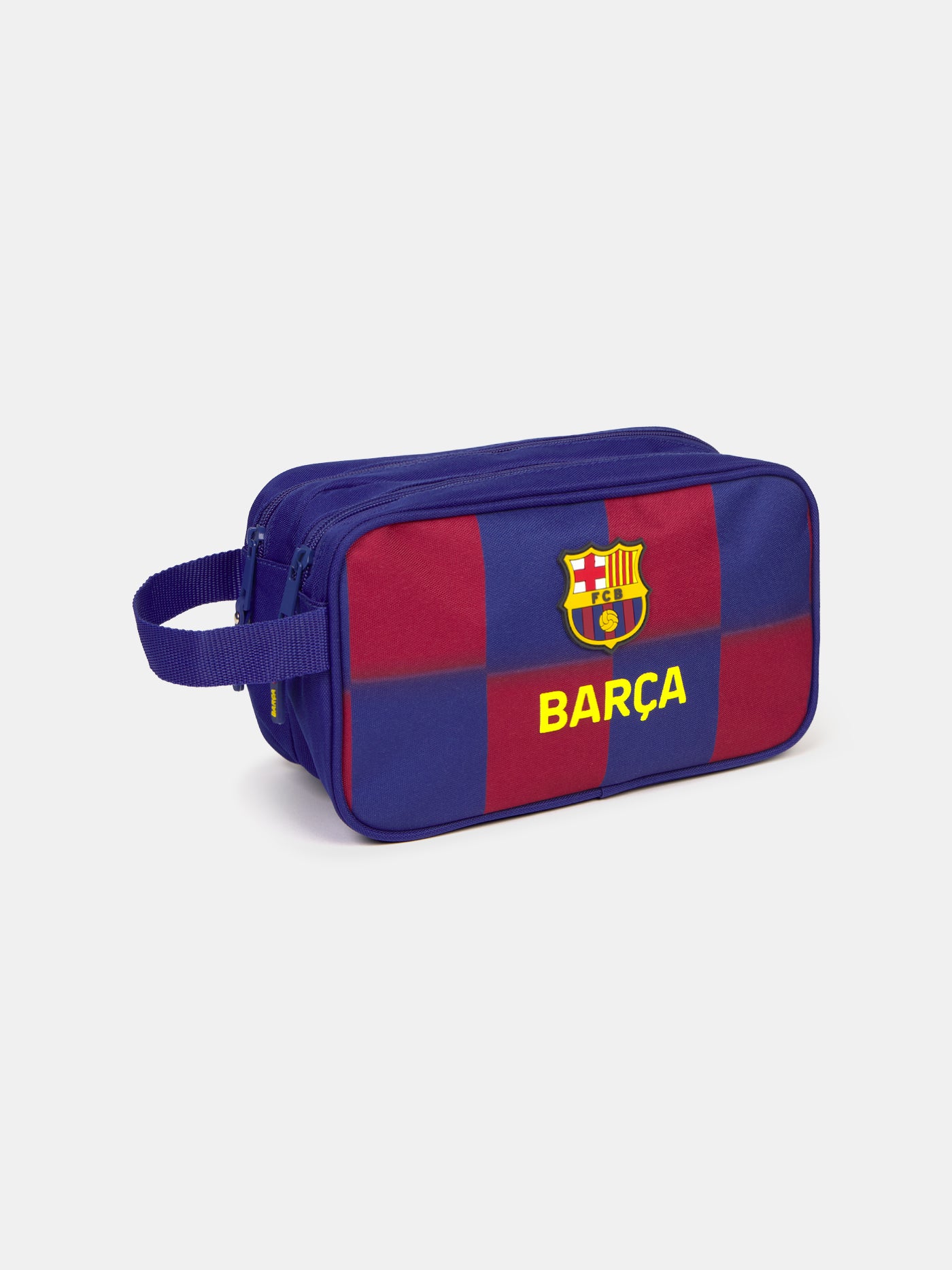 Red and blue toiletry bag with FC Barcelona crest and 'Barça' text on the front.