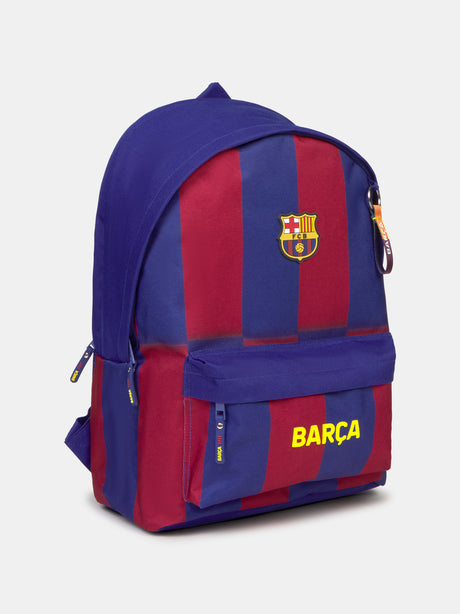 Striped red and blue backpack with FC Barcelona crest and 'Barça' text on the front pocket
