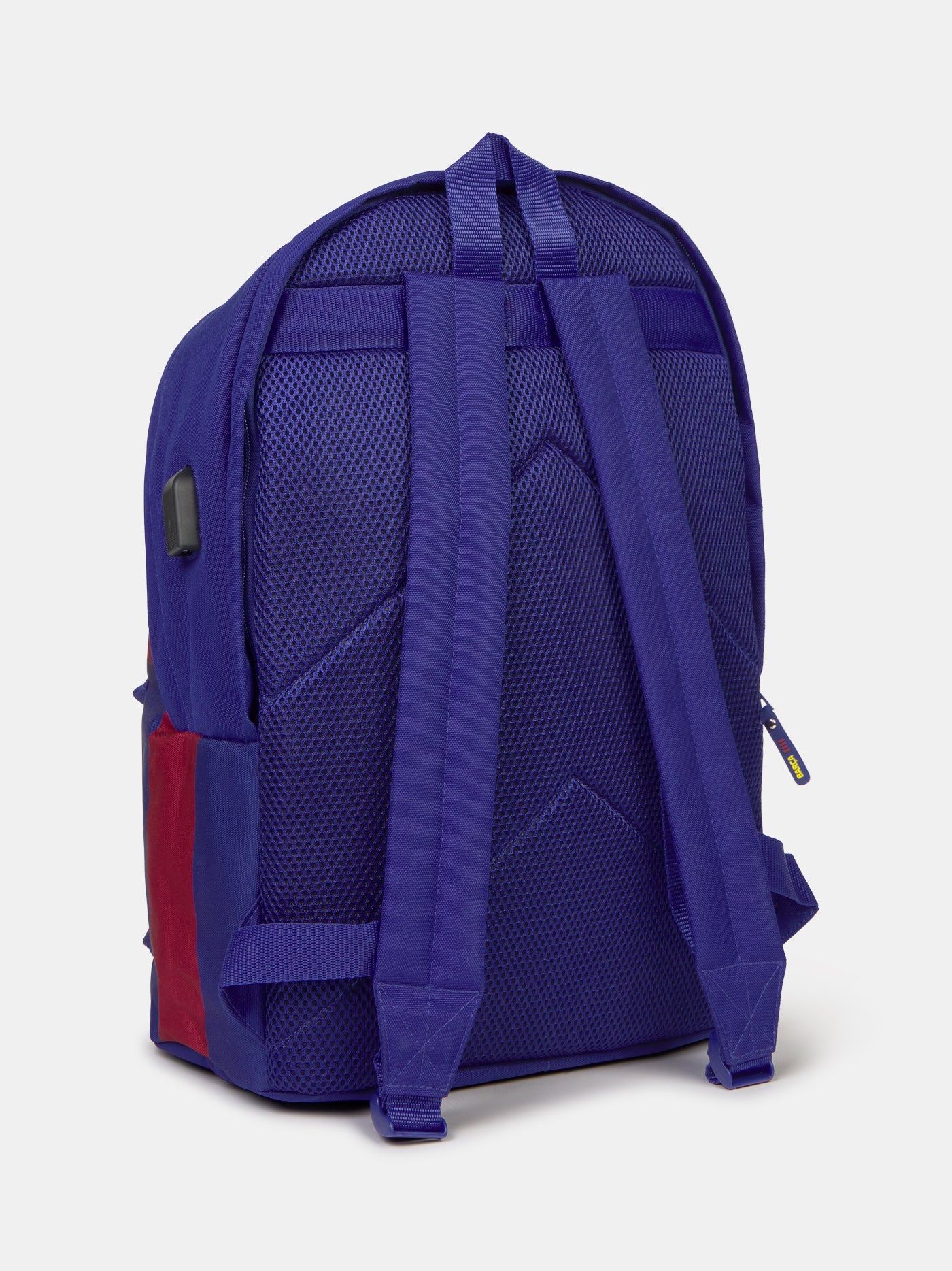 Striped red and blue backpack with FC Barcelona crest and 'Barça' text on the front pocket