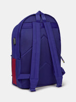 Striped red and blue backpack with FC Barcelona crest and 'Barça' text on the front pocket