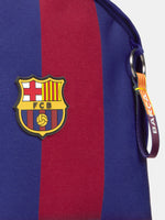 Striped red and blue backpack with FC Barcelona crest and 'Barça' text on the front pocket