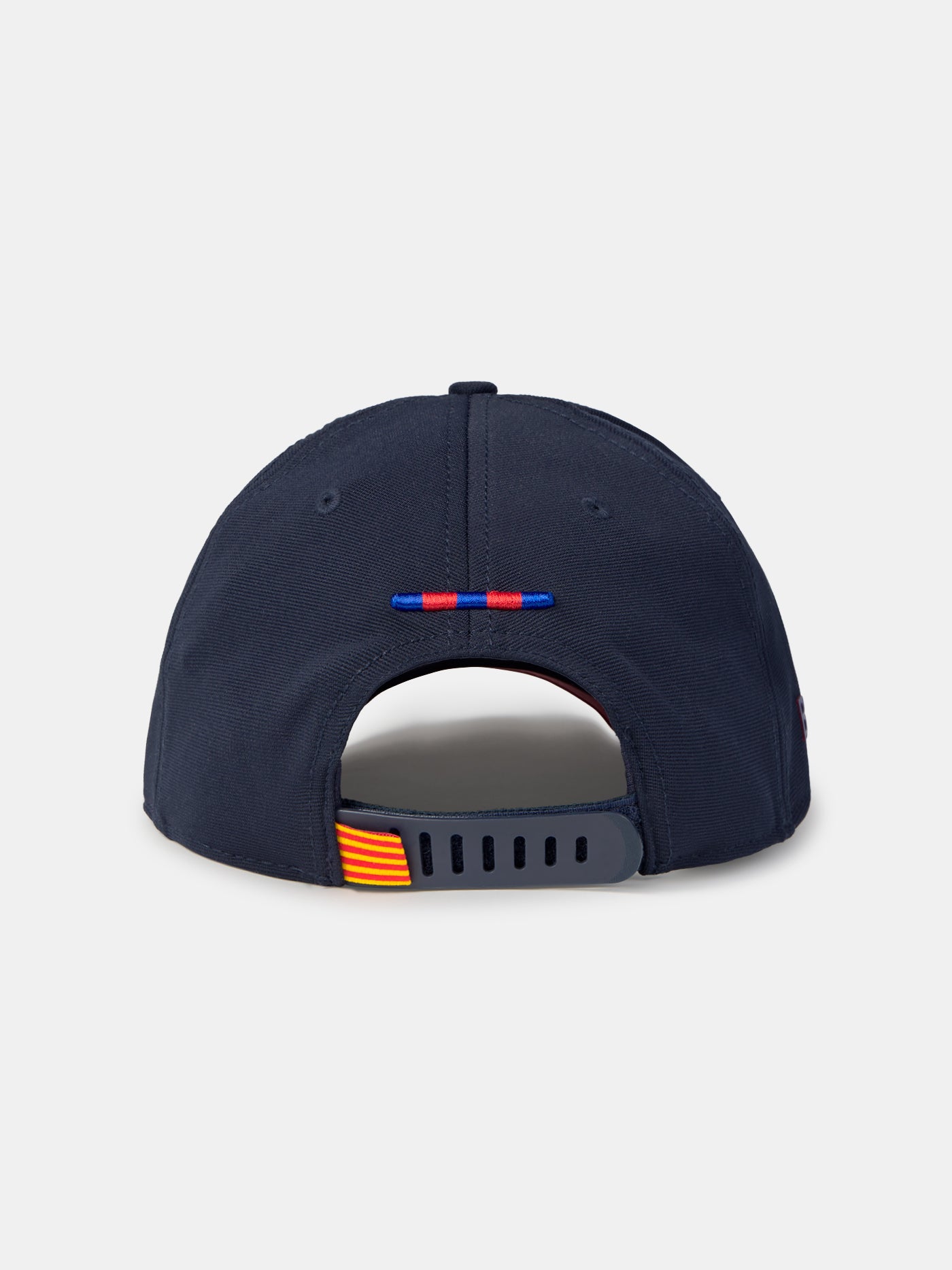 FC Barcelona cap with club crest, blue crown, navy sides, and burgundy brim featuring yellow lettering