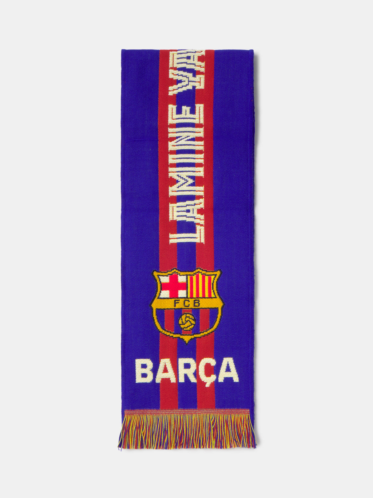 FC Barcelona scarf in blue and red with club crest, 'Lamine Yamal' text, and player portrait