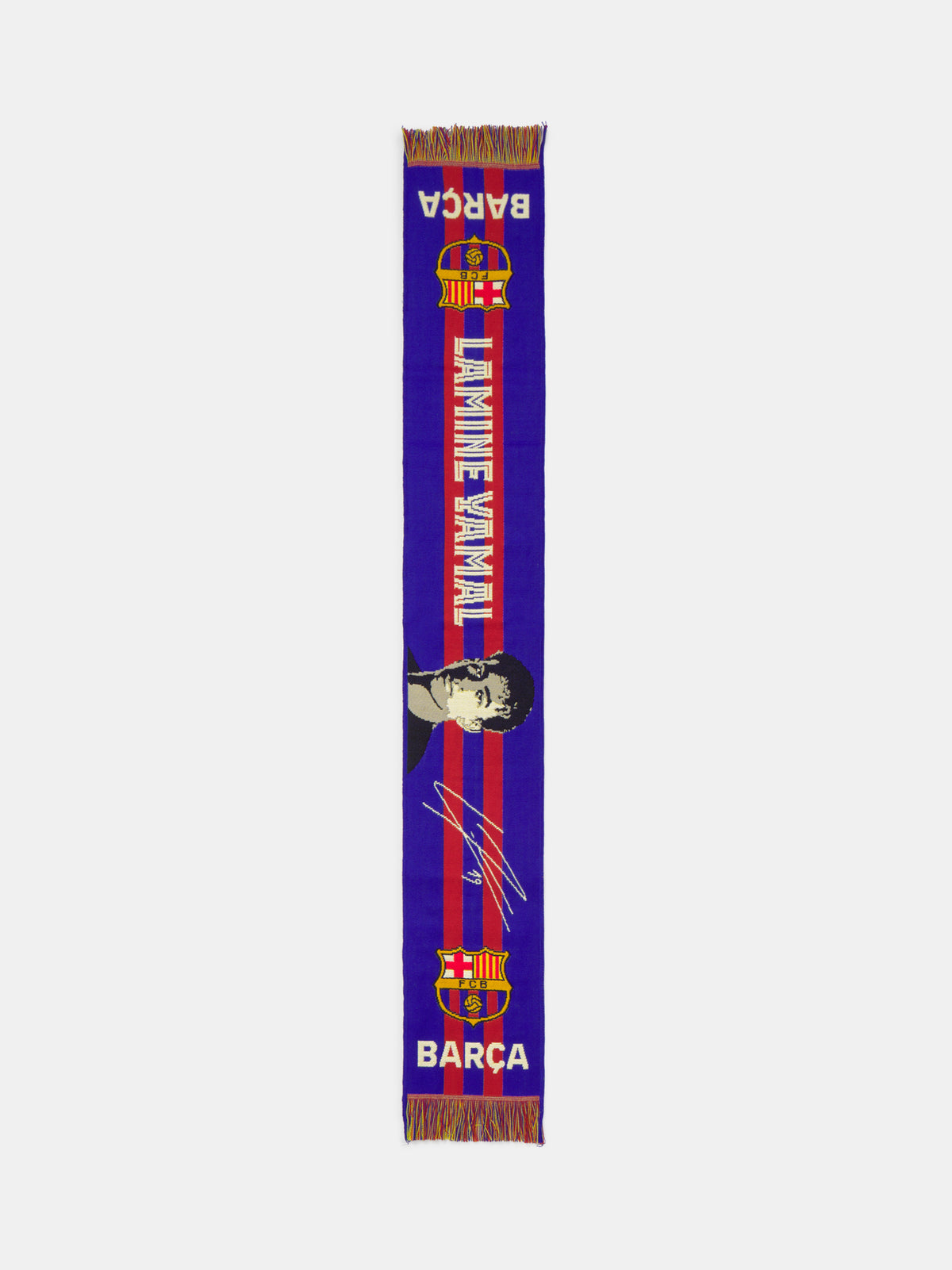 FC Barcelona scarf in blue and red with club crest, 'Lamine Yamal' text, and player portrait