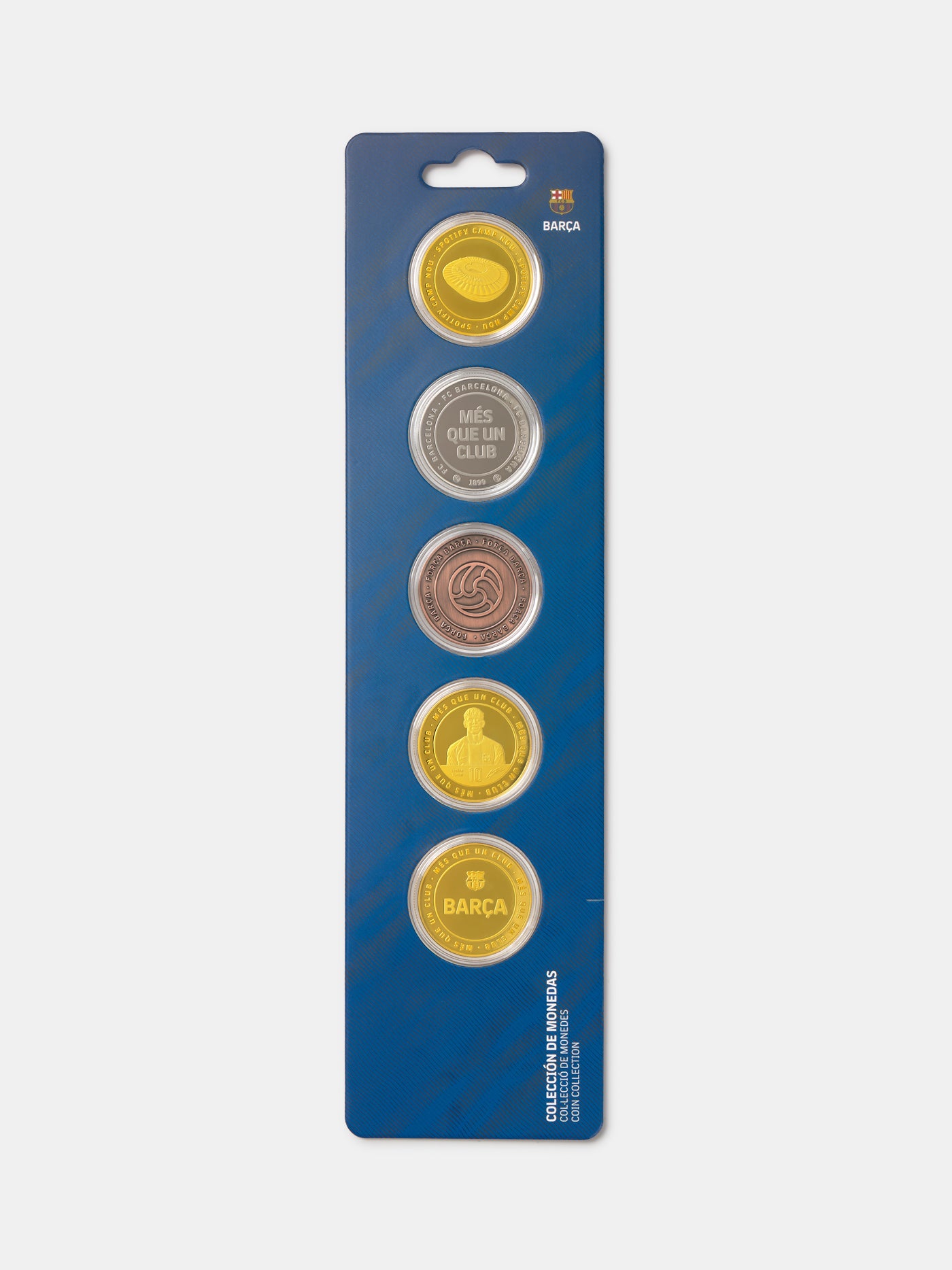 Set of five coins on a blue card with 'Barca' branding