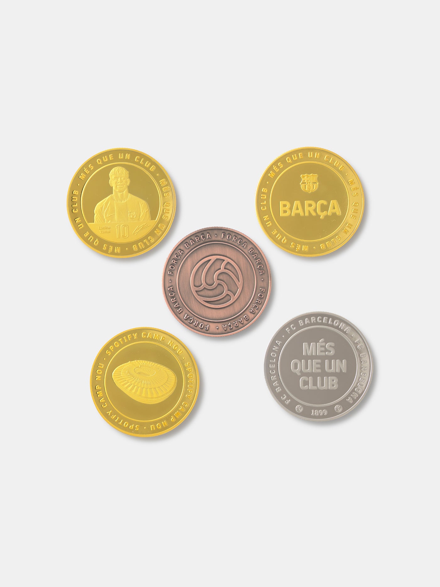 Five coins with different designs on a light gray background