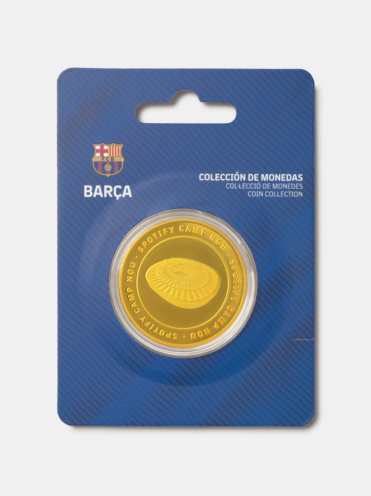 Coin collection packaging with a coin on a blue card featuring Barça logo.