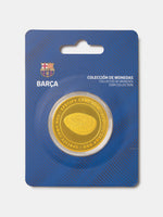 Coin collection packaging with a coin on a blue card featuring Barça logo.