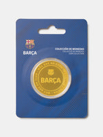 Coin collection packaging with Barça logo on a blue background