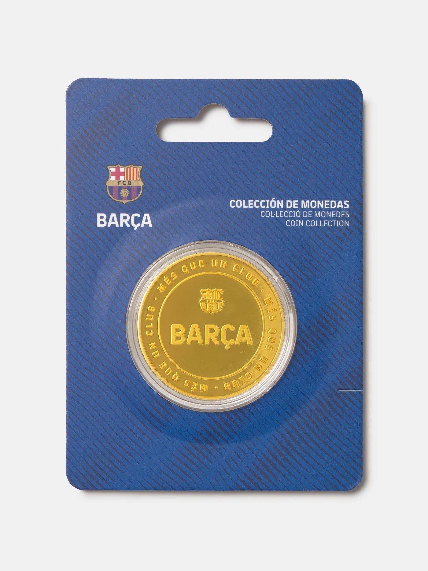 Coin collection packaging with Barça logo on a blue background