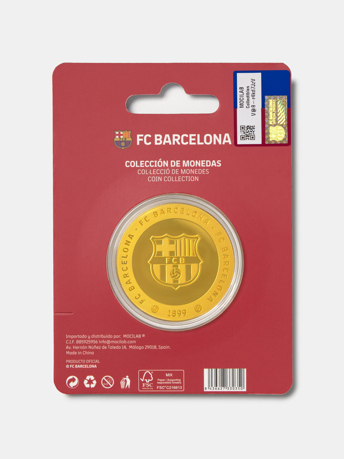 FC Barcelona coin collection packaging with a gold coin on a red background