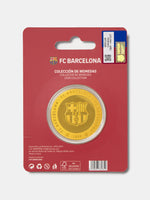 FC Barcelona coin collection packaging with a gold coin on a red background