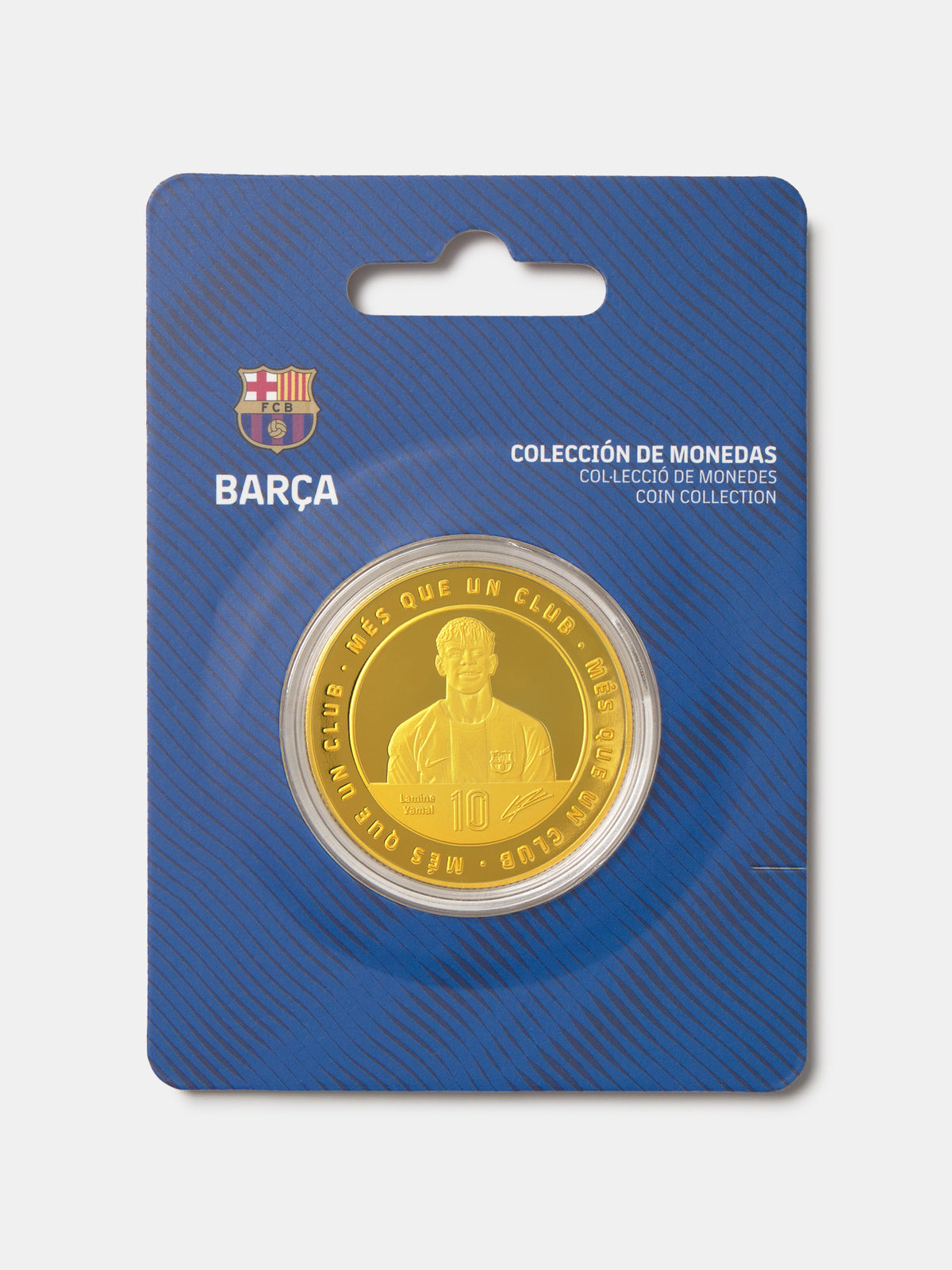 Gold and silver coin in a blue packaging with FC Barcelona logo