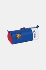 Blue rectangular pencil case with red and white ends, featuring the FC Barcelona crest and 'BARÇA' text on the white side.