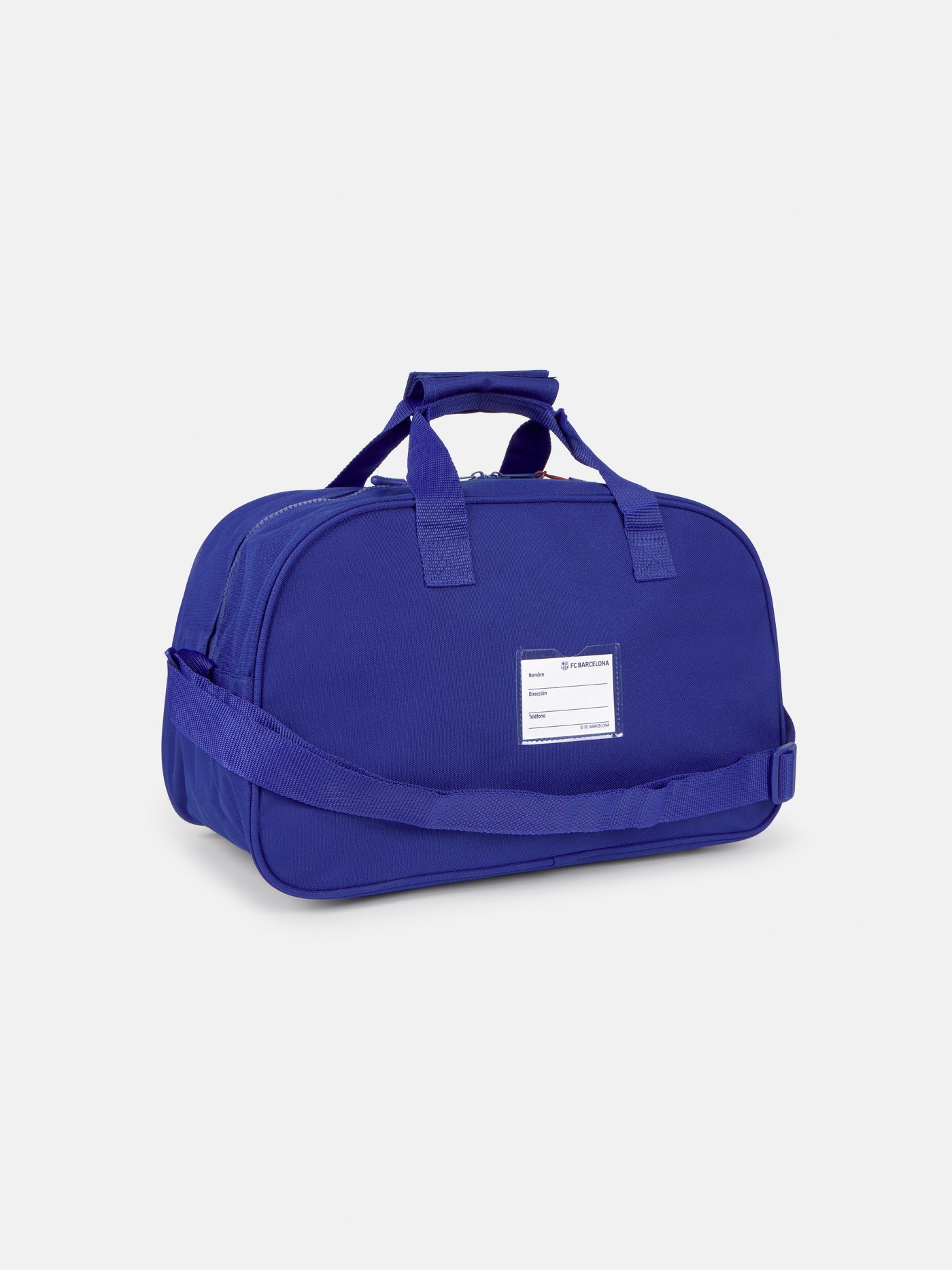 Blue and maroon striped sports duffle bag featuring the FC Barcelona crest and 'FC BARCELONA' text on the front pocket.