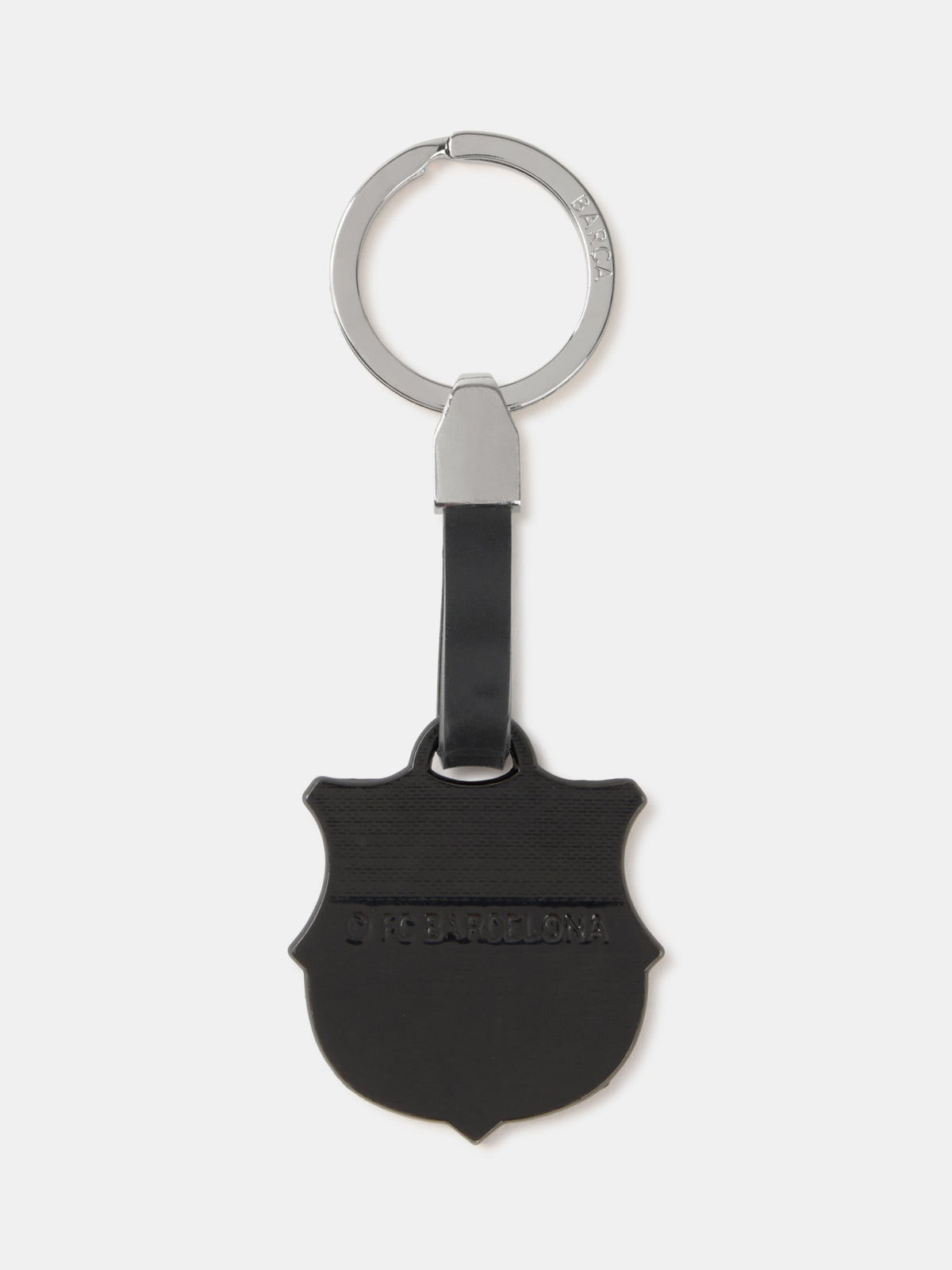Black shield-shaped keychain with a silver ring on a white background