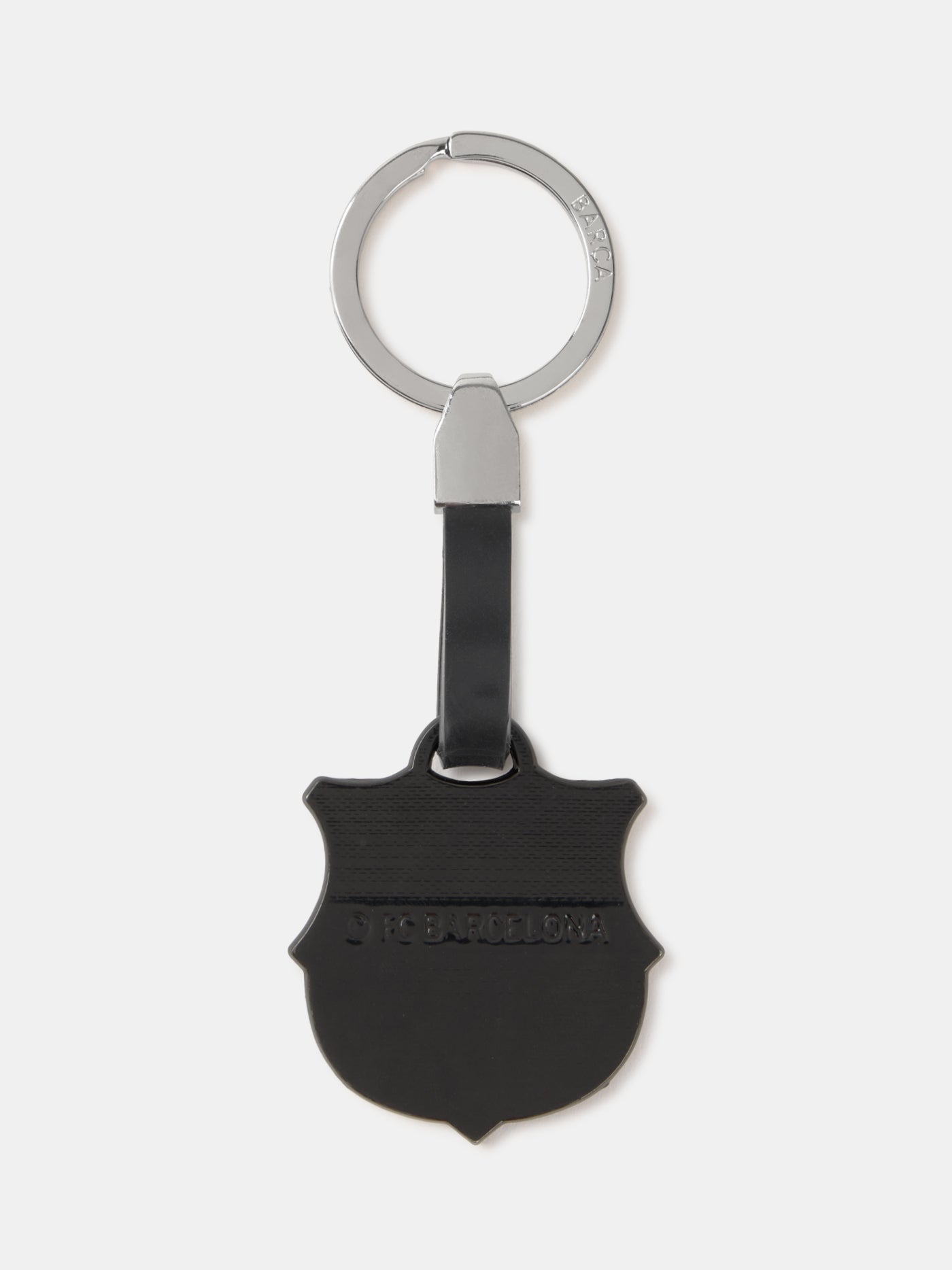 Black shield-shaped keychain with a silver ring on a white background