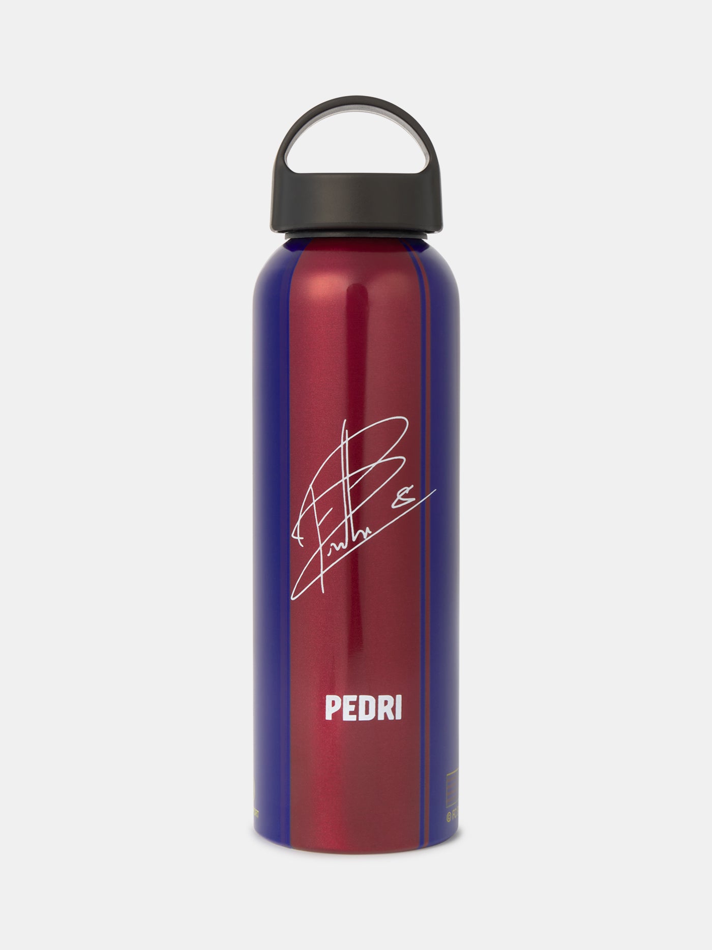 Red and blue water bottle with 'PEDRI' branding on a white background