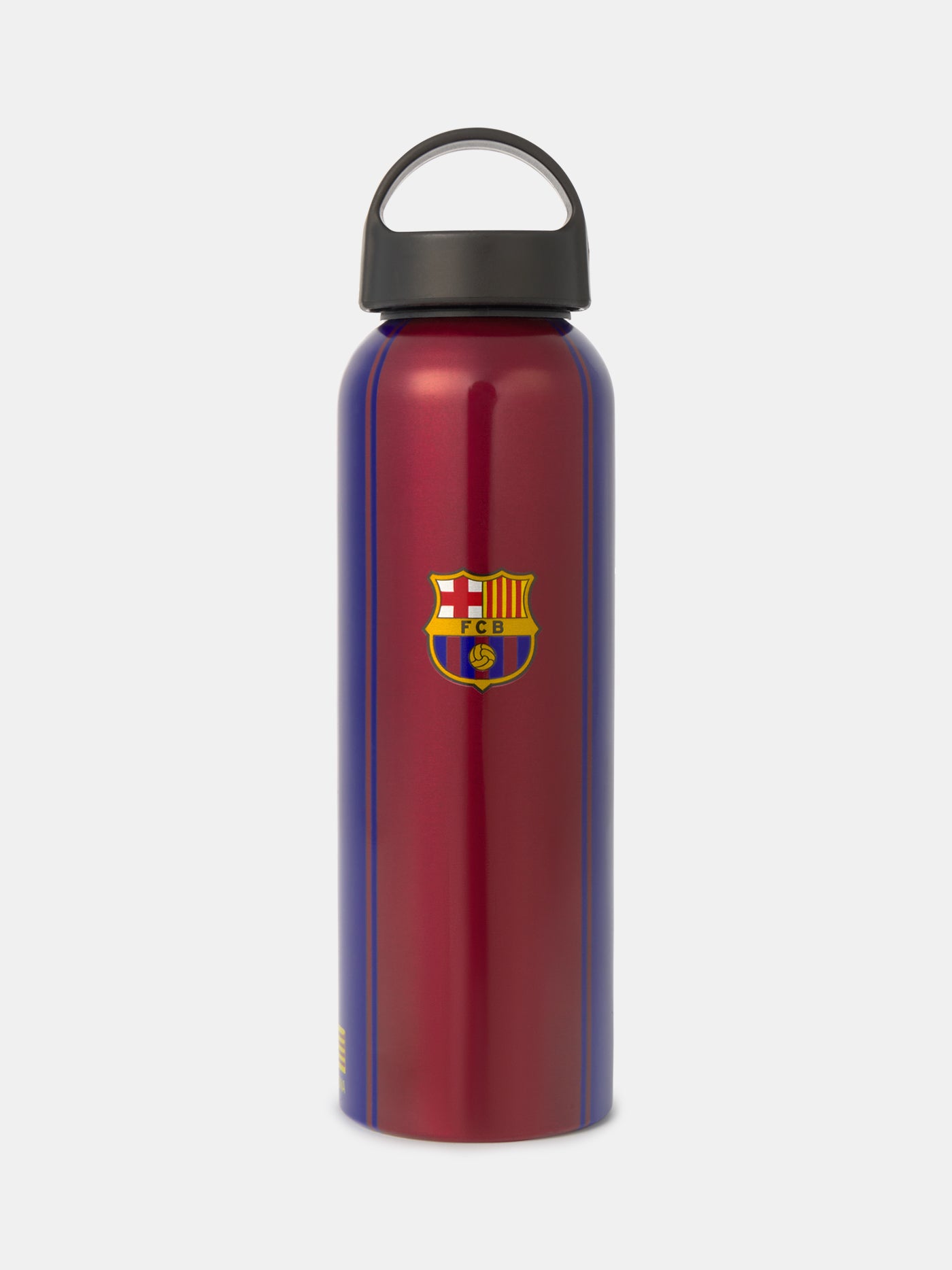 Red water bottle with a logo on a white background