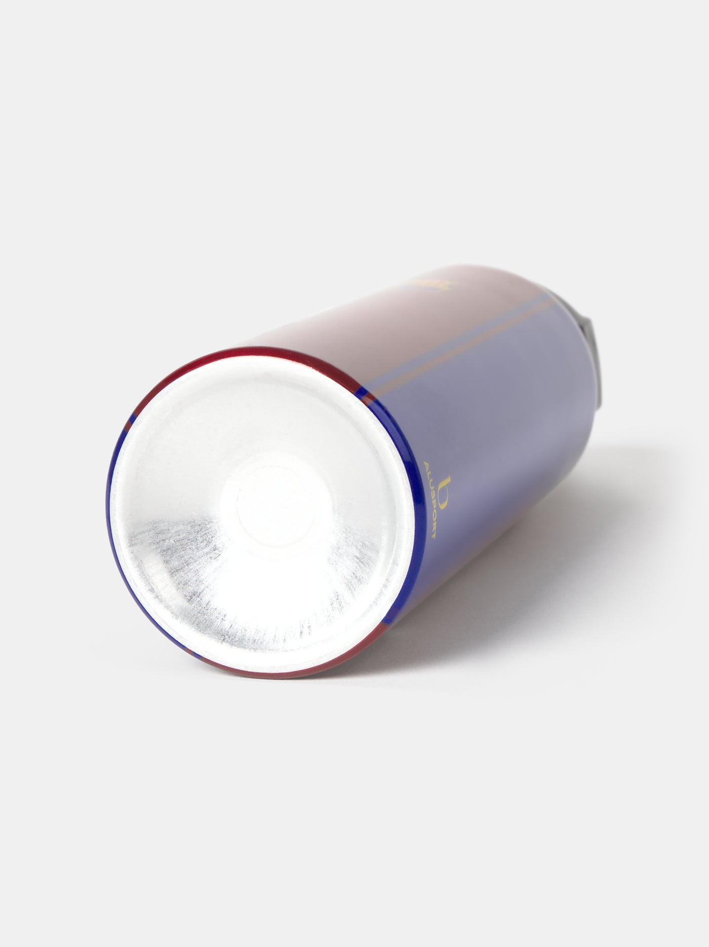 White tumbler with red rim and blue interior on a white background