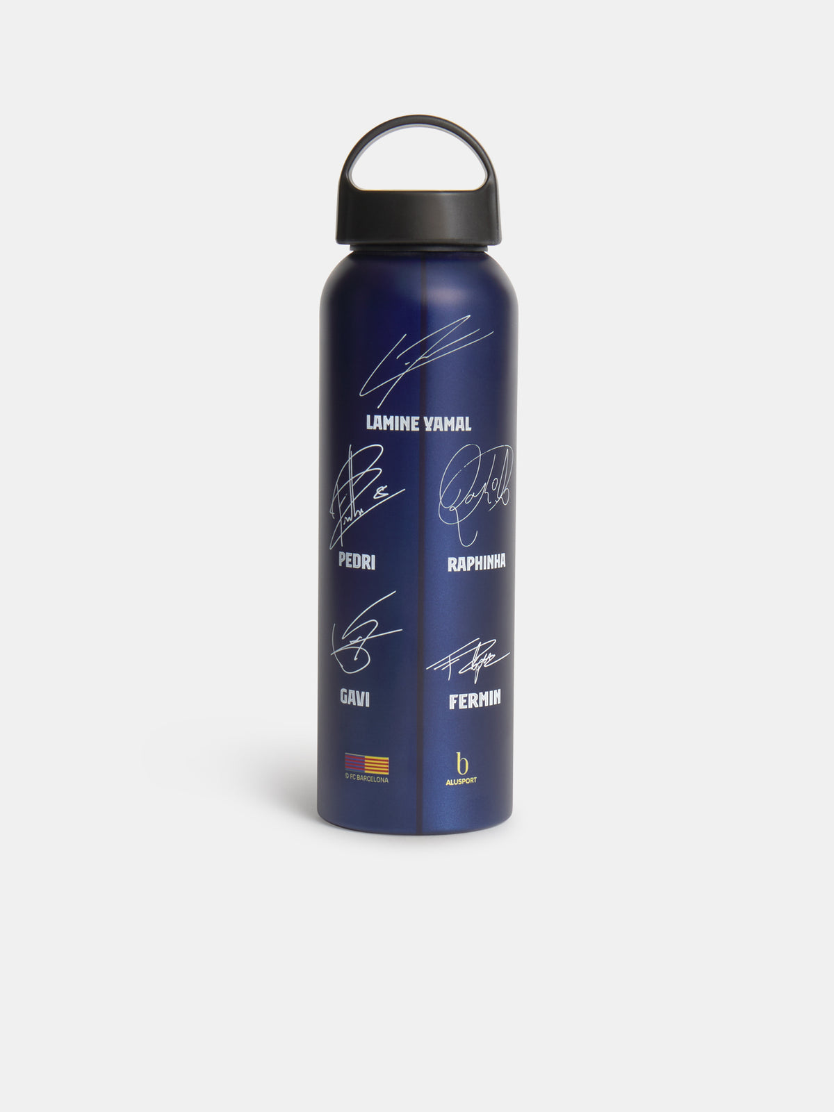 Vue de face d’une bouteille d’eau bleu marine FC Barcelona avec bouchon noir et signatures imprimées de Lamine Yamal, Pedri, Raphinha, Gavi et Fermín.
