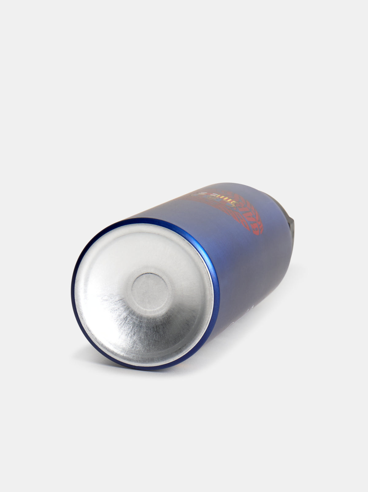 Bouteille isotherme bleue de FC Barcelona posée sur le côté, avec une base métallique et l'écusson du Barça imprimé sur le corps.