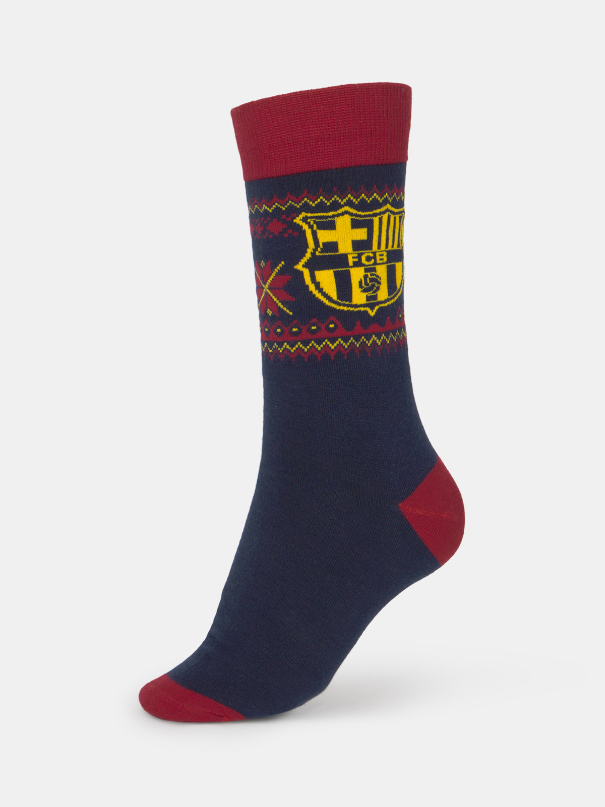 Calcetín azul marino de FC Barcelona con puño, talón y punta rojos, con el escudo del club y una banda estampada en la parte superior.
