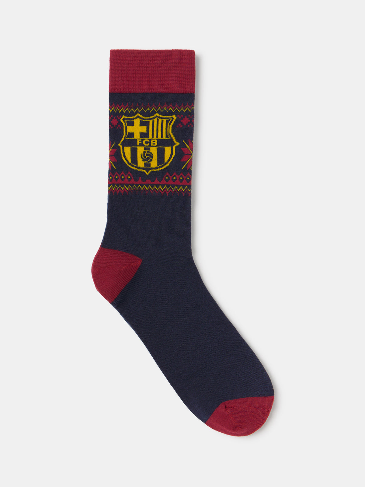 Calcetín azul marino de FC Barcelona con puño, talón y puntera rojos, con el escudo del club y una banda estampada en la parte superior.