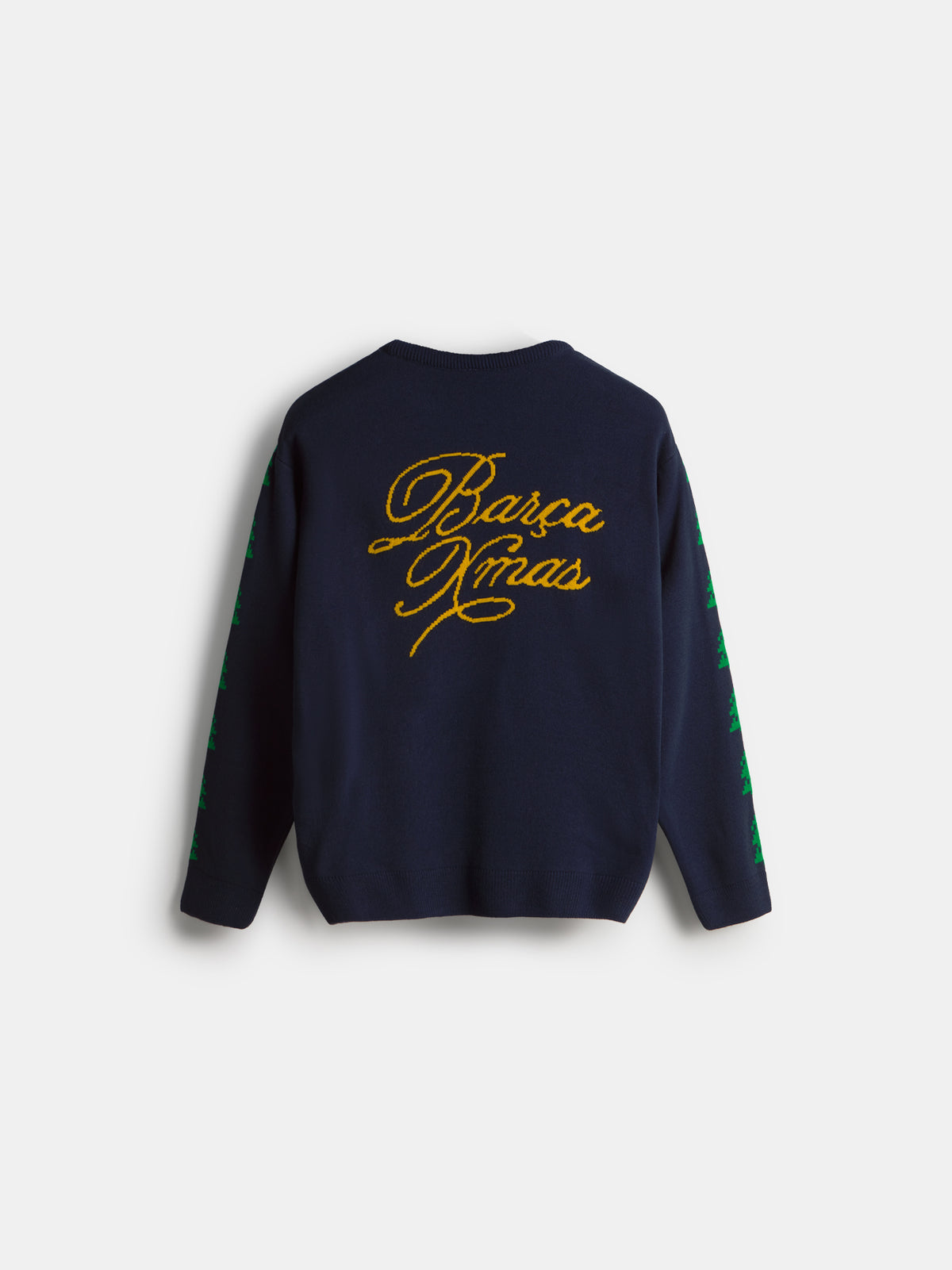 Back view of a navy FC Barcelona sweater with yellow script lettering on the back and green detailing along the sleeves.
