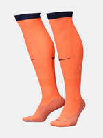 FC Barcelona third kit football socks in orange with navy blue details