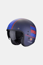 Dark blue open-face motorcycle helmet featuring red and blue 'Barça' text design and the FC Barcelona logo.