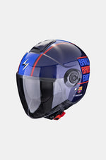 Dark blue modular motorcycle helmet with red and blue 'Barça' text, FC Barcelona logo, and clear front visor.