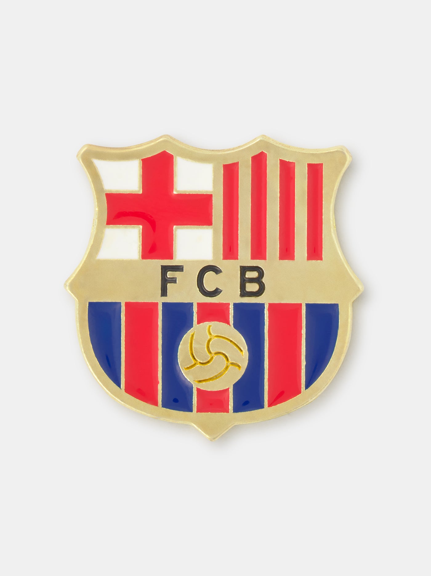Gold FC Barcelona pin badge featuring the club crest in red, blue, and white