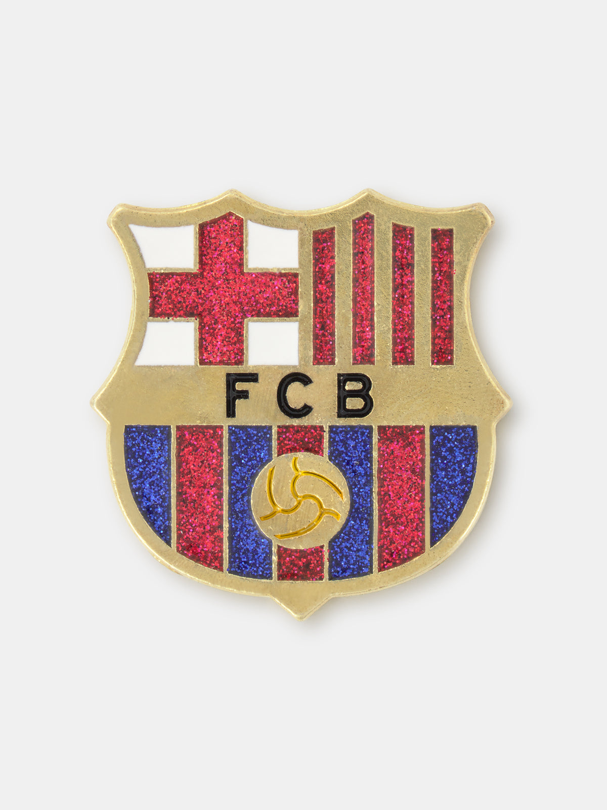 FC Barcelona glitter pin badge in gold with red, blue, and white enamel details.