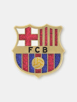 FC Barcelona glitter pin badge in gold with red, blue, and white enamel details.