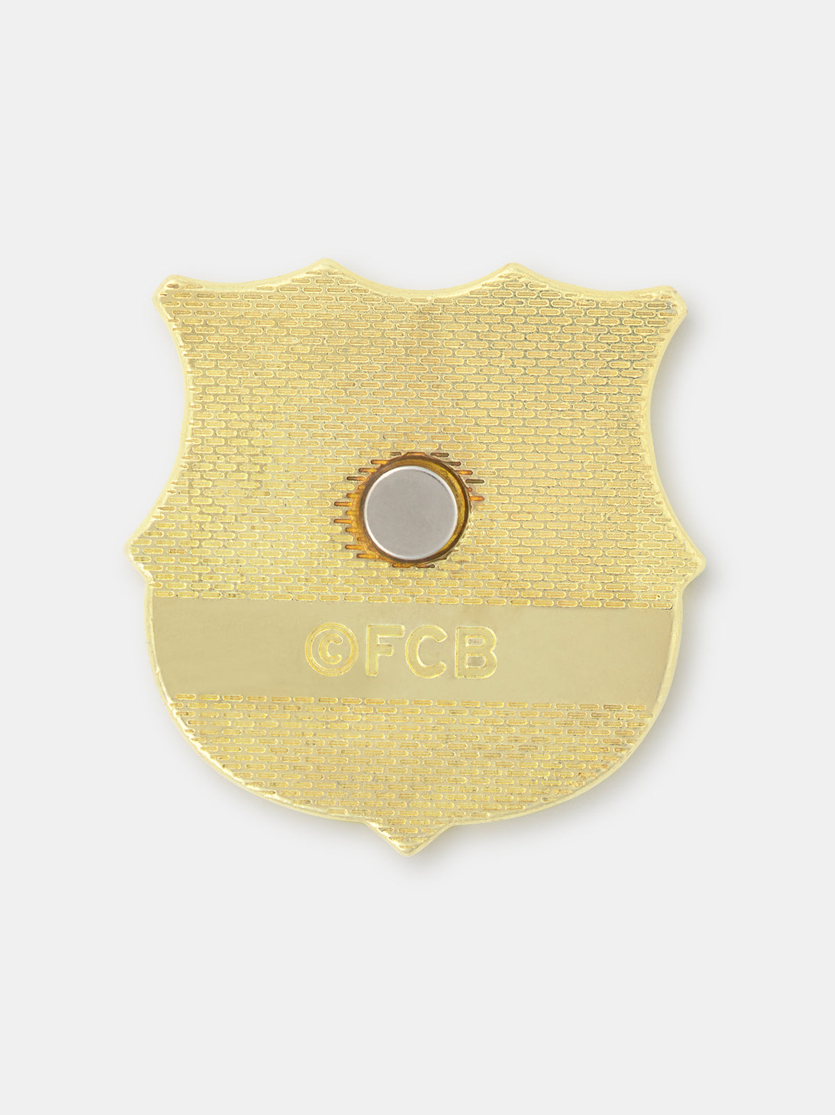 FC Barcelona glitter pin badge in gold with red, blue, and white enamel details.