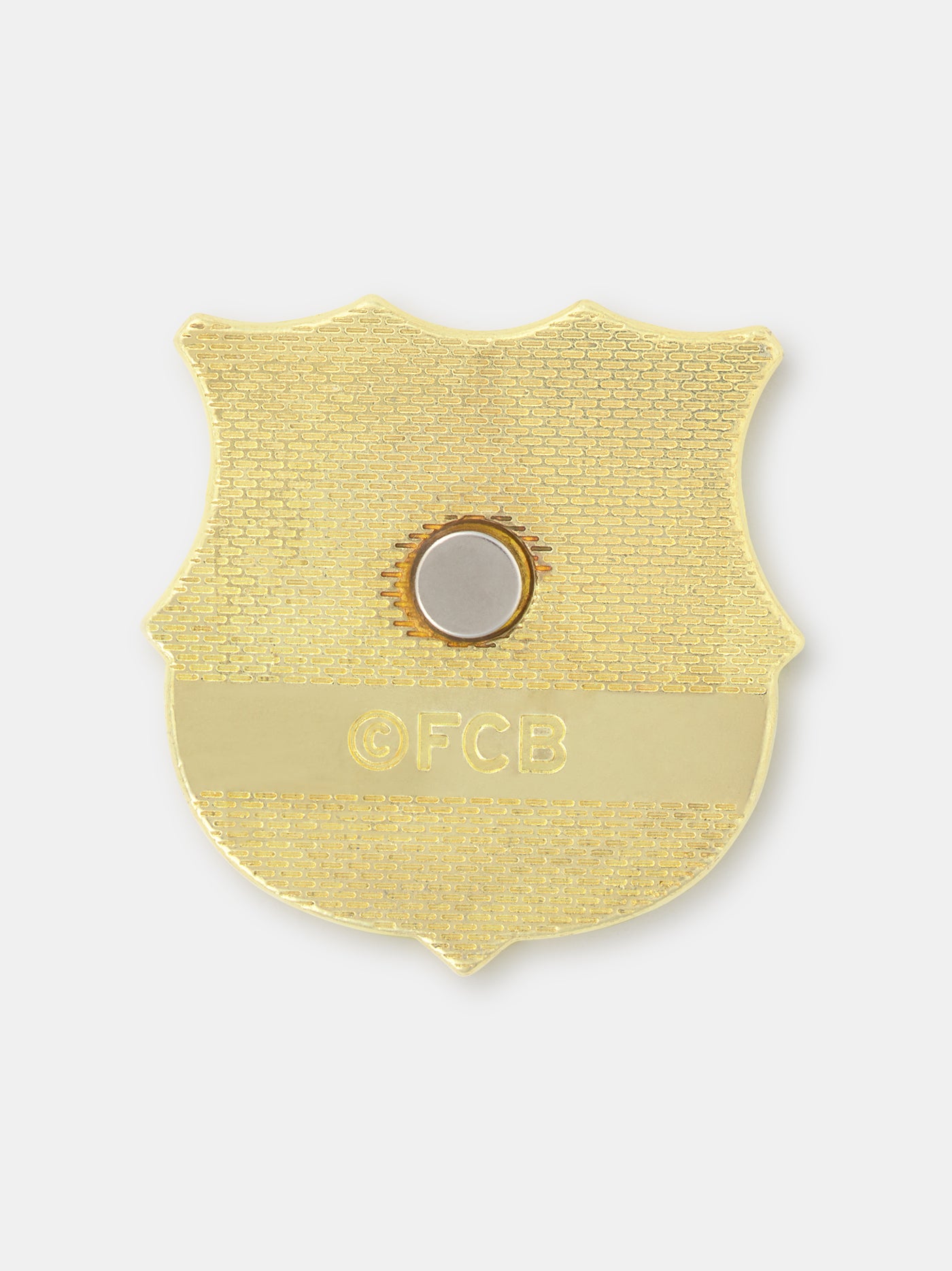 FC Barcelona glitter pin badge in gold with red, blue, and white enamel details.