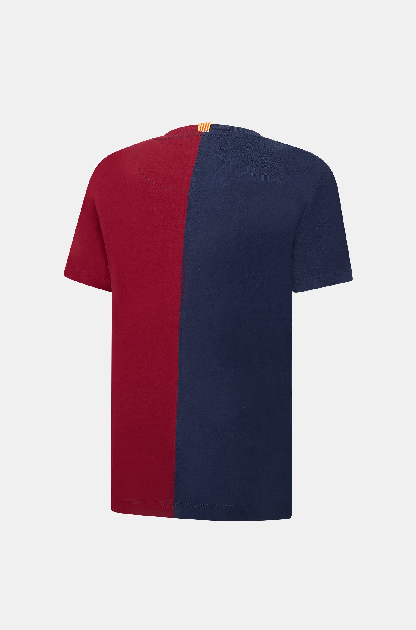 half navy and half red FC Barcelona t-shirt with a large vintage-style club crest in the center.