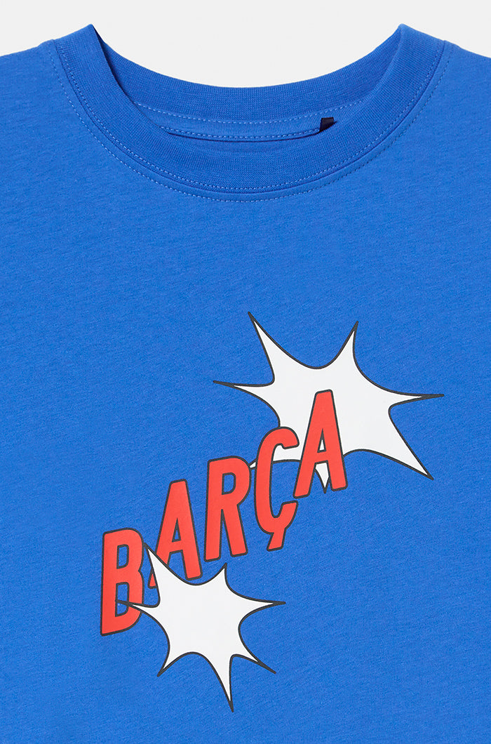 T-shirt bleu motifs Barça - Junior