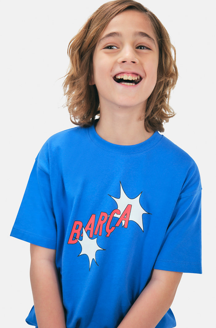 T-shirt bleu motifs Barça - Junior