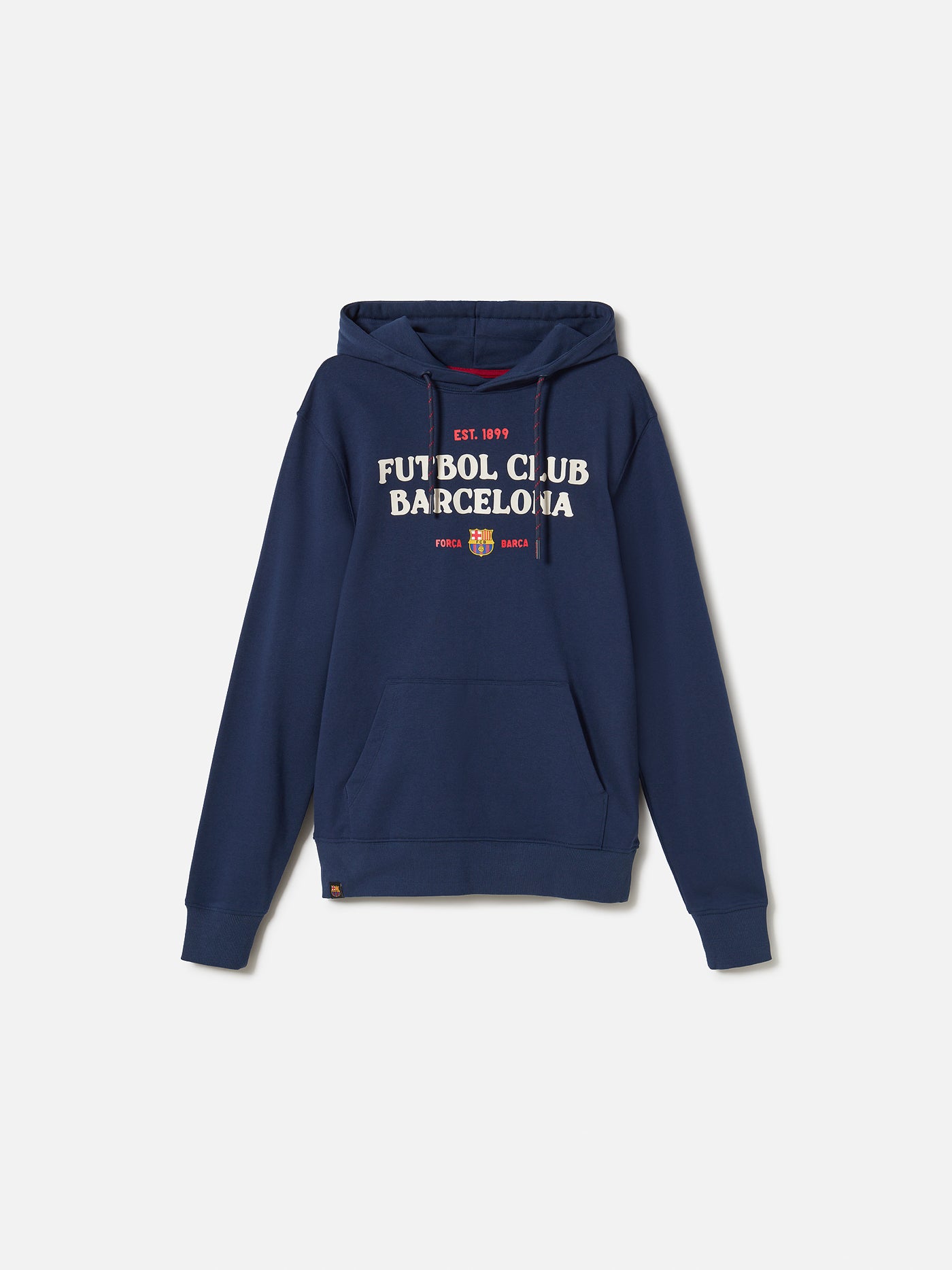 Navy blue FC Barcelona hoodie with front kangaroo pocket. The front displays white and red text reading “EST. 1899 FUTBOL CLUB BARCELONA” above the club’s crest, accompanied by the words “FORÇA BARÇA” in smaller text on each side of the crest.