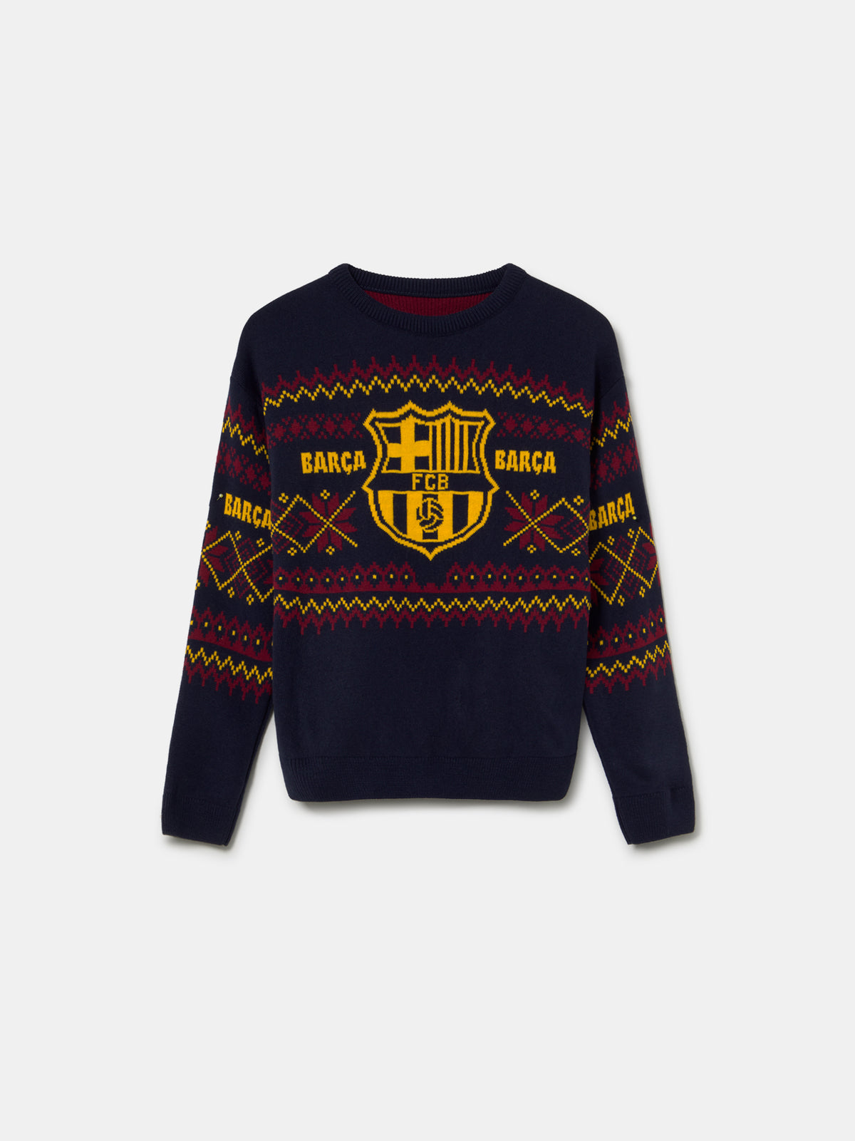 Vista frontal de un jersey azul marino de FC Barcelona con un gran escudo amarillo y patrones geométricos rojos y amarillos en el pecho y las mangas