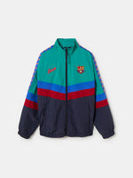 Retro-style windbreaker in teal, red, blue, and navy with FC Barcelona crest and embroidered 'Barça' text on the chest.