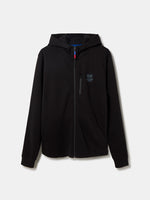 Back of a black hoodie with the word "barça" printed in large, modern light gray font.